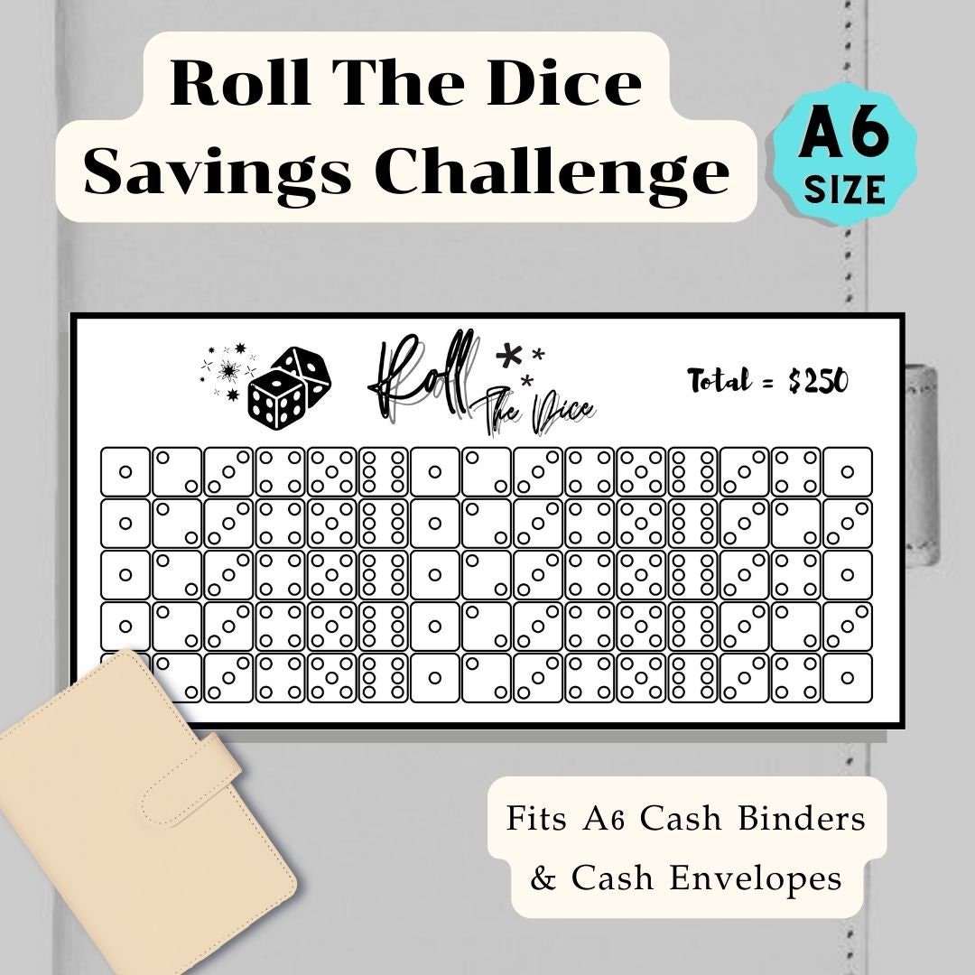 Roll the Dice Savings Challenge for A6 Cash Envelopes Printable Fits in