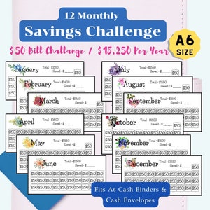 12 monatliche Spar-Challenge-Karten für A6-Binder, A6-Spar-Challenge-Bundle für A6-Geldumschläge und Budget-Binder, Mini-Cash-Binder