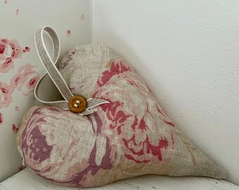 Beautiful Hanging Heart In Cabbages and Roses ‘Tulips And Roses’ Linen Fabric ~ Padded Heart ~ Door Hanger ~ Gift Idea