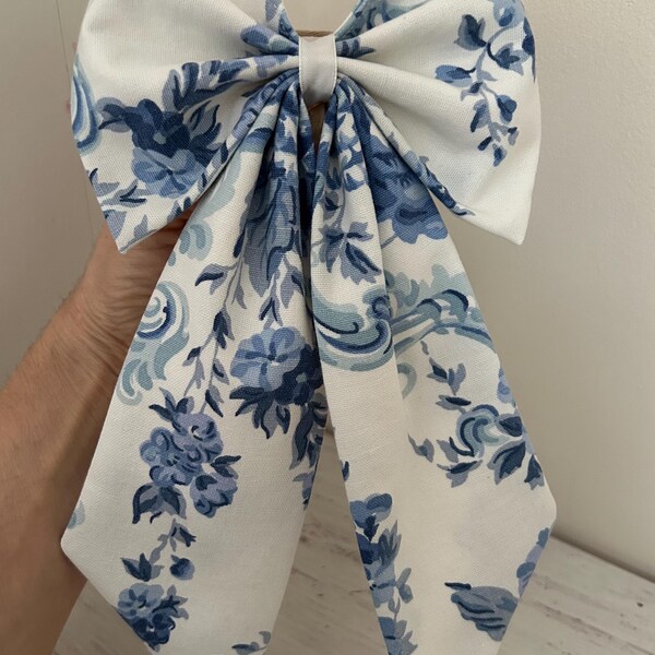 Decorative Bow In Laura Ashley Victoria Emperor Blue Fabric ~ Easter Wreath Bow - Door Accessory ~ Hanging Bow For Doors ~ Cottage Decor