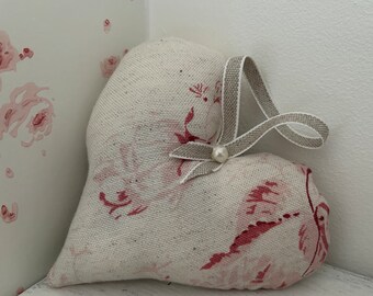 Lavender Hanging Heart In Cabbages & Roses ‘Constance’ Linen Fabric ~ Padded Heart ~ Door Hanger ~ Floral Heart ~ Gift Idea