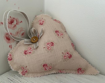 Beautiful Hanging Heart In Peony and Sage ‘Posies’ Linen Fabric ~ Padded Heart ~ Door Hanger ~ Floral Heart ~ Gift Idea