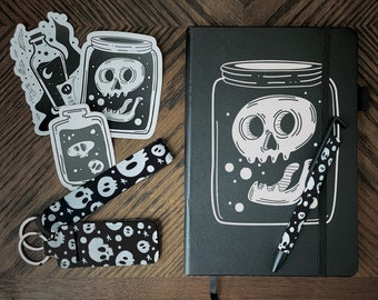 Spooky Skull Jar Journal Gift Set | Creepmas Gothic Gift for her | Dark Souls Macabre Lined Notebook with Keychain Pen Gift Box Set