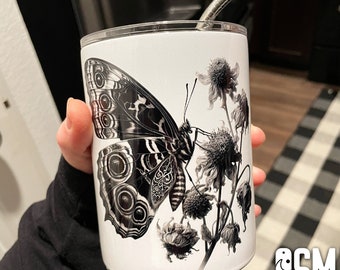 Gothic Butterfly Cocktail Tumbler Cup | Dried flowers Coffee travel mug | 10oz Stainless steel insulated