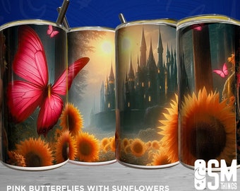 Pink Butterflies & Sunflowers Tumbler | Pink Valentine's Day Girls 12 oz Water Cup | Fantasy Forest Castle Coffee Travel Mug