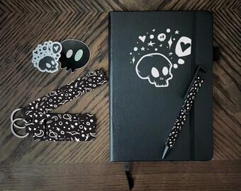 Skull Love and Death Journal Gift Set | Spooky Creepmas Gothic Gift for her | Dark Souls Macabre Lined Notebook with Keychain Pen Gift Box