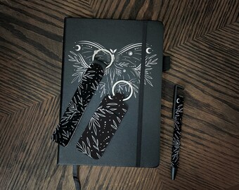 Luna Moth Journal Gift Set | Crescent Moon Botanical Leaves Gift for her |  Hardbound lined notebook with Keychain and pen Gift box set