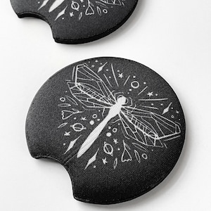 Dragonfly & Damselfly Car Coasters 2-pack | Black Car Coaster Set, Car Cup Holder Accessories for Women, Halloween Car Interior Decor,