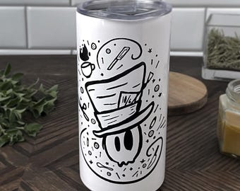 Taza de viaje Madhatter / Decoración de Alicia en el País de las Maravillas, vaso de acero inoxidable con calavera alternativa espeluznante, accesorios góticos para coche de 12 oz