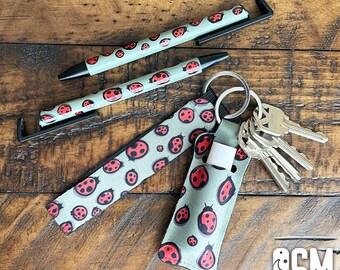 Cute Ladybug Accessories gift pack | Ballpoint pens 2 pack & 2 keychains | Sage Green Wristlet Chapstick keyring Spring Ladybug Insect lover