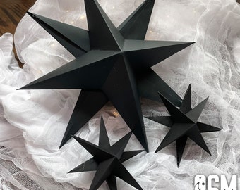 Black Whimsical 8-point 3D Paper Stars | Celestial Wedding Decor for Centerpieces or Shelf Decor | Gothic Emo Alternative Star Decor