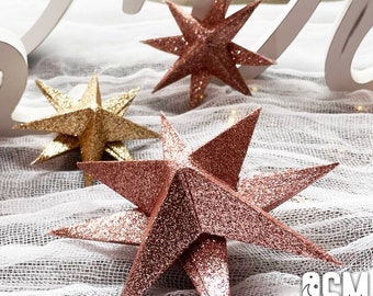 Whimsical 3D Paper Stars in Rose Gold & Champagne 8-points | Celestial Wedding Decor for Centerpieces or Shelf Decor