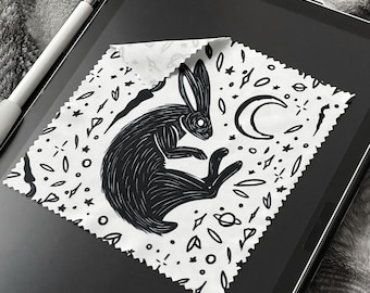 Paño de limpieza de lentes de microfibra con diseño de conejo lunar / Paño para gafas con diseño de ojos espeluznantes góticos / Accesorios para gafas de sol con diseño de liebre de cabaña