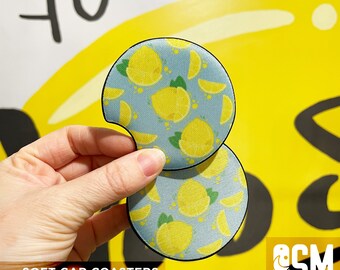 Lemon Car Coasters | Lemon Slices Soft Washable Car Coaster Set, Citrus Car Accessories, Spring Car Cup Holder Coaster, Mother's Day Gift,