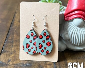 Ladybug Teardrop Earrings | Sage Green Dangle Earrings, Spring Ladybug Jewelry, Cute Insect Accessories, Nature Aesthetic,
