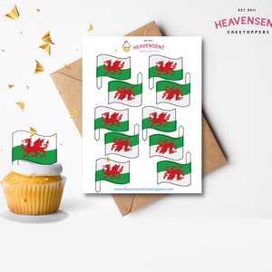 20x Galles pre-tagliato Bandiere commestibili Thick Wafer Card standing Cupcake Toppers Birthday Party Cake Decorazioni