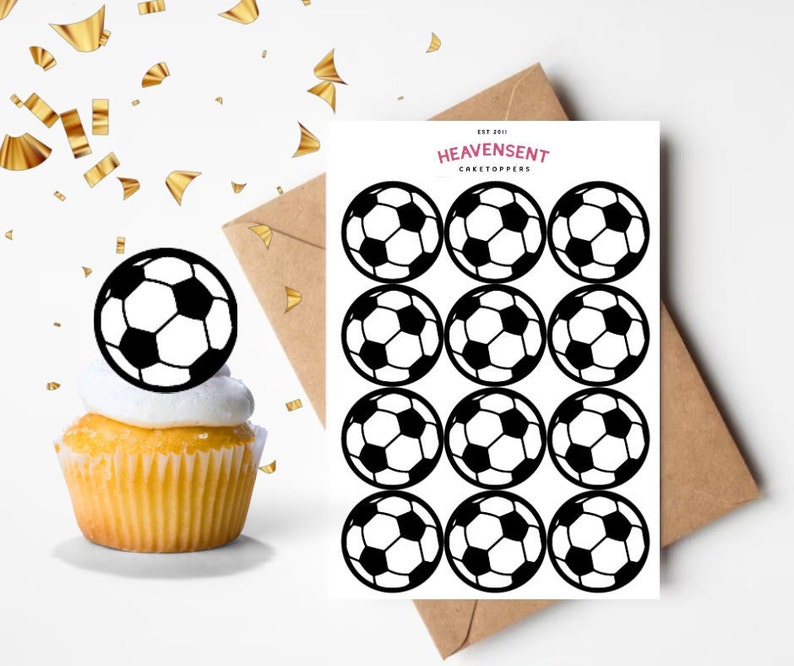 May include: A sheet of 12 black and white football cupcake toppers. The toppers are printed on white cardstock and feature a simple design of a football.
