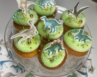 24 Watercolor Dinosaur Cake Toppers - Edible Icing or Wafer Cupcake Decorations