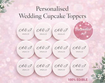 Personalized Wedding Cupcake Toppers, Edible Icing Decoration (2" Pre-cut Circles)
