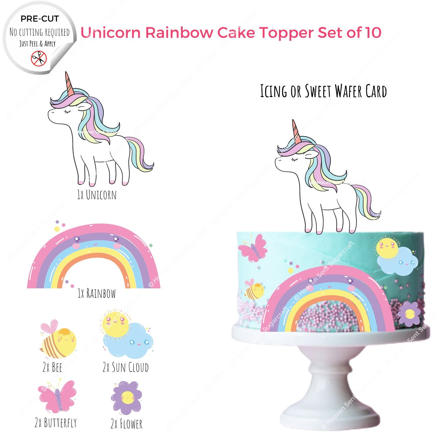 Rainbow Unicorn Set of 10 Edible Icing/Wafer Cake Toppers Etsy