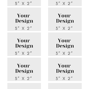 Op de afbeelding: Tien witte vierkante kaarten met zwarte tekst die "Your Design 3" x 2" " zegt.