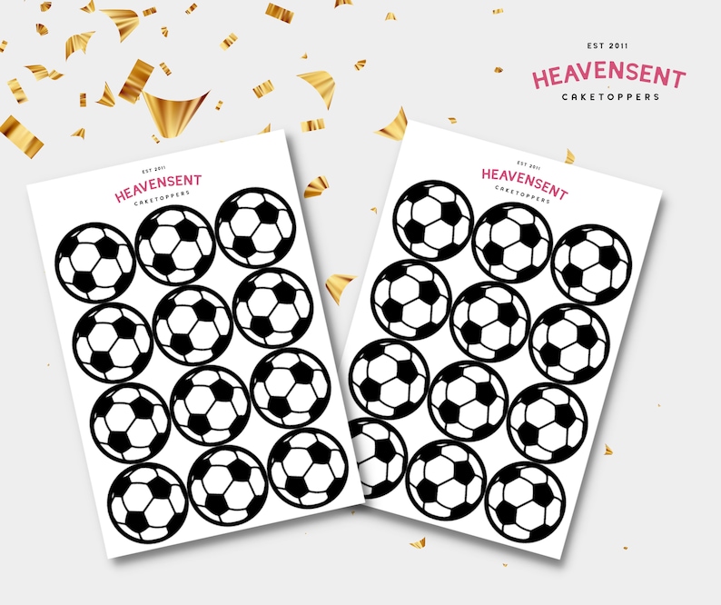 May include: Two sheets of white paper with black and white football cake toppers. The text "EST 2011 HEAVEN SENT CAKE TOPPERS" is at the top of the sheet.
