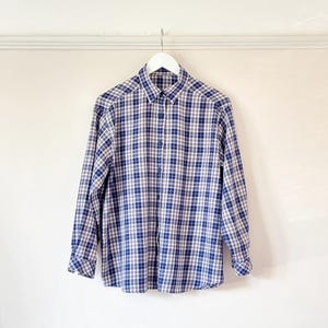 Vintage Blue, White and Red Check Brushed Cotton Blend Button Down Shirt, Size L, up to UK Size 16