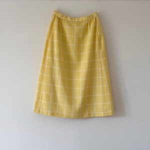 Vintage Yellow and White Check Wool Blend Pencil Skirt, Size S, UK Size 8