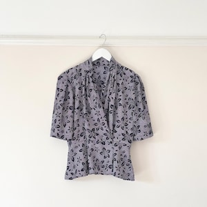 Vintage Navy Blue and White Floral Polka Dot Wrap Front Blouse Size M, UK Size 12