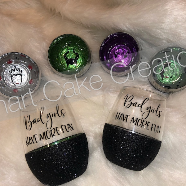 Peek-a-Boo Glittered Wine Glass Bad Girls Have More Fun Villains Set of 4! (2 colors) themed 20 oz stemless wine glasses - a great gift!