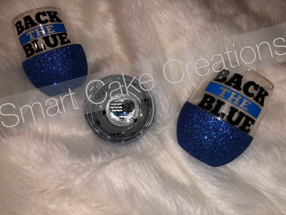 Peek-a-Boo Glittered Wine Glass Back the Blue police themed 20 oz stemless  wine glass - Silver inside, Blue outside - makes a great gift!