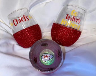 Peek-a-Boo Glittered Wine Glass Kansas City Chiefs themed (2 colors) 20 oz stemless wine glass - makes a great gift!