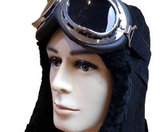 Handmade Aviator Hat Sheepskin Bomber Pilot Steampunk Hat Motorcycle helmet With Aviation Goggles 100/% Real Leather Aviator Helmet