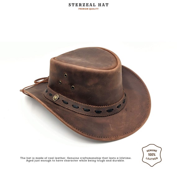 Dealer Leather Cowboy Hat | Genuine Leather Hat Wide Brim Western Hat Men Aussie Style