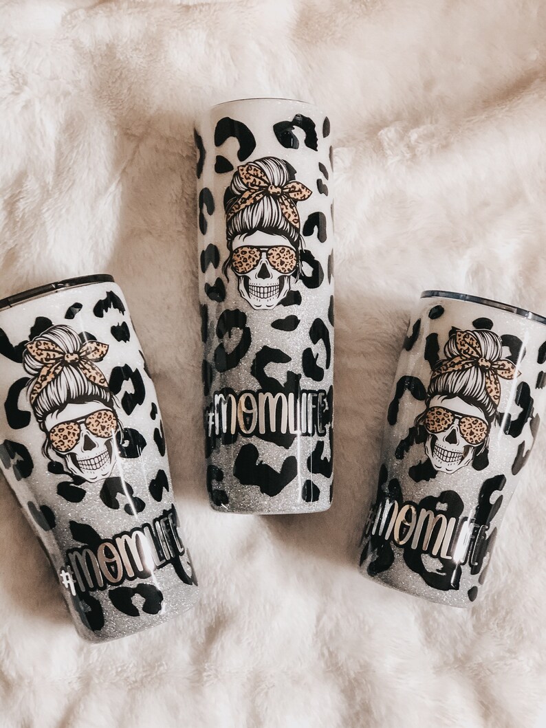 Personalized Tumbler Cheetah Print Leopard Print Mom Tumbler Glitter Tumbler Skull Mom Life Tumbler