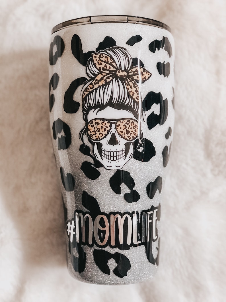 Personalized Tumbler Cheetah Print Leopard Print Mom Tumbler Glitter Tumbler Skull Mom Life Tumbler