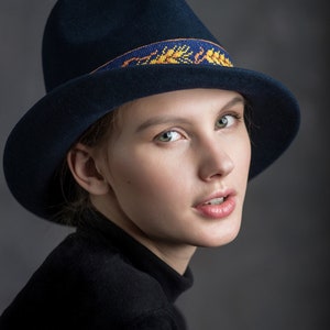 Navy blue asymmetric form of fedora. trilby hat dark blue stylish felt hat. womens hat Navy blue hat. Hat image 3