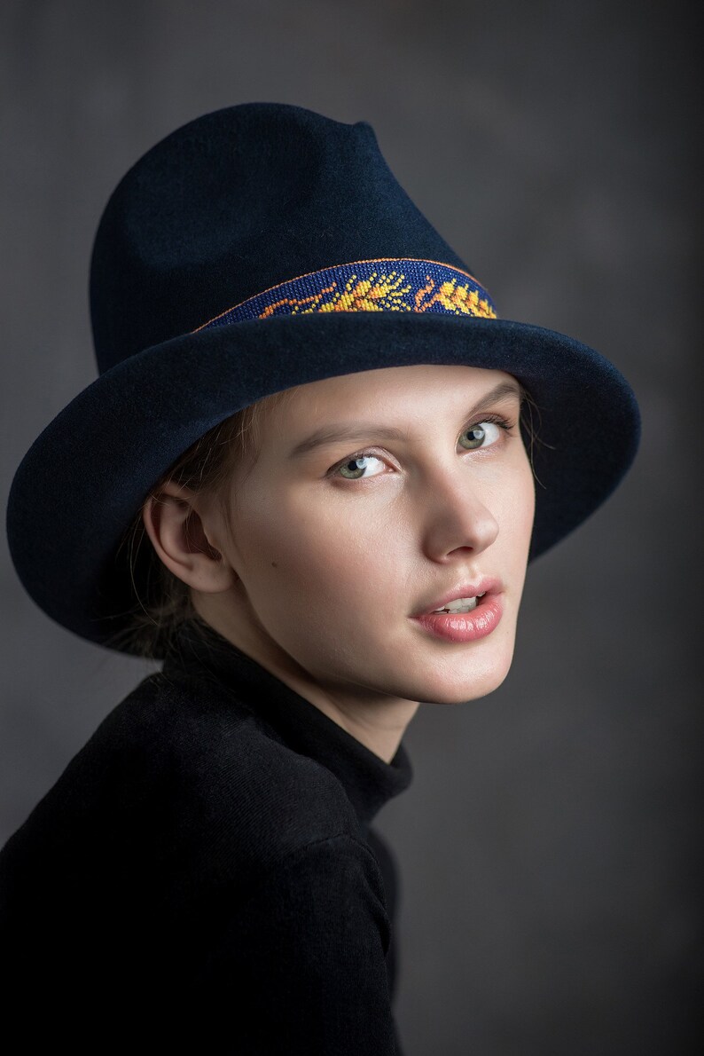 Navy blue asymmetric form of fedora. trilby hat dark blue stylish felt hat. womens hat Navy blue hat. Hat image 3