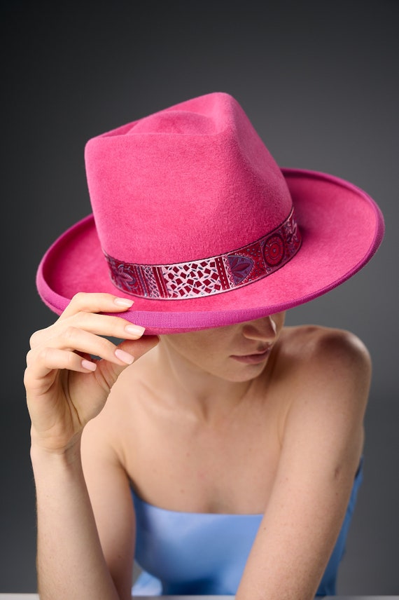 Pink Felt Fedora Hat: Handmade Western Style - Etsy display picture 2