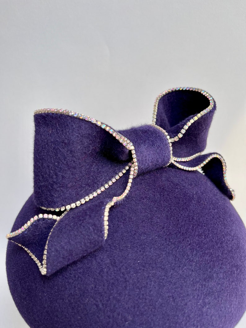 Pillbox purple Hat,special occasions Headpiece, Couture Headdress,Occasion Hat with bow and rhinestones.Fascinator Cocktail Hat Formed Petit image 9