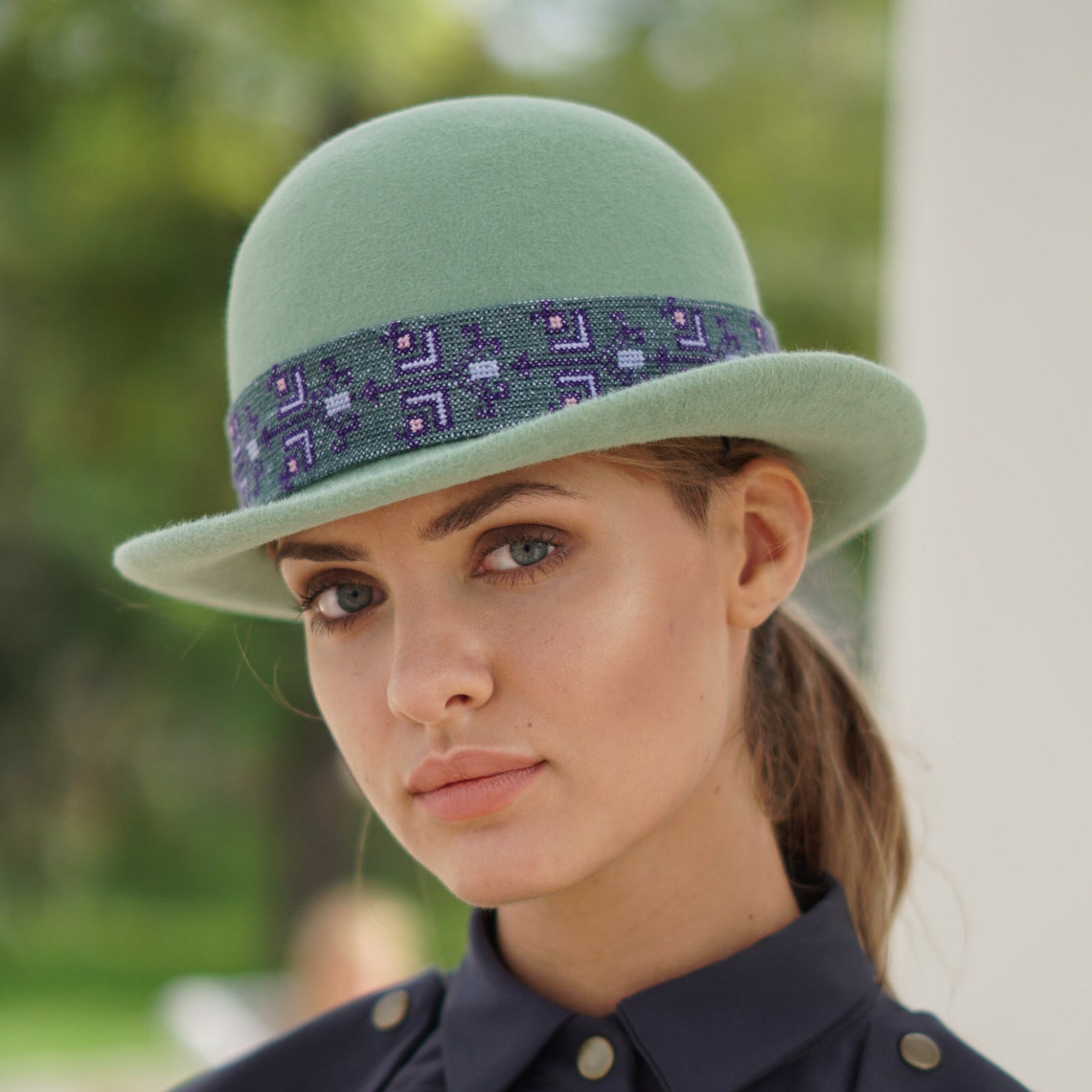 Mint color womens bowler hat / Velor felt bowler hat for a Etsy