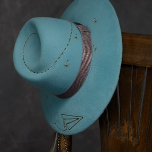 One of a kind hat with dandelions and removable chain, Burning Man festival stylish blue aquamarine felt hat. Cool Blue hat with large brim