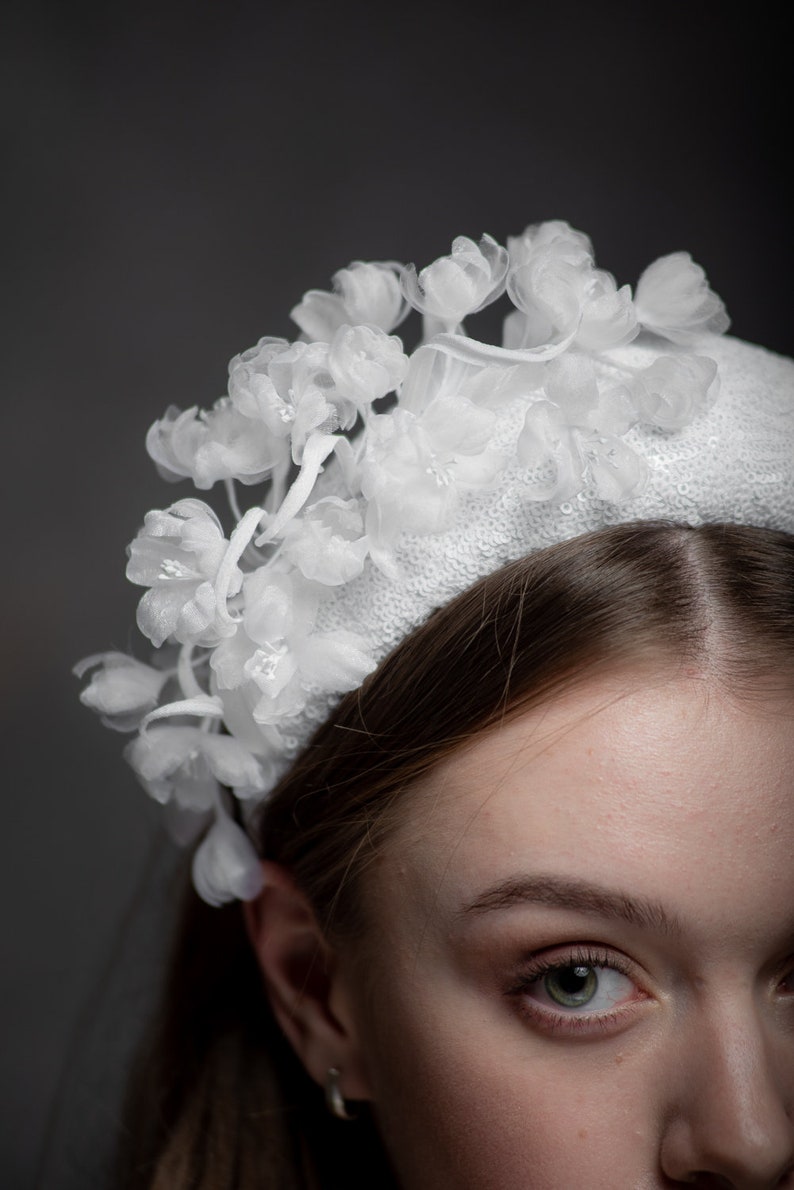 Wedding white Headband,Bridal Headweare, silk flowers halo crown,floral wedding headpiece,bridal headpiece with sequins and delicate flowers image 4