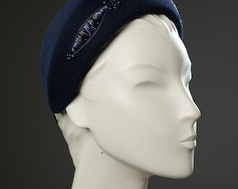 navy blue Kelly headband. Fascinar casual headpiece.Couture embroidered blue halo headwear. halo for mother of the bride.Blue  fascinator