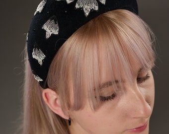 Trendy headband black and white image. Fashion casual headpiece. Couture embroidered headwear hat. fashionable fascinator halo for women