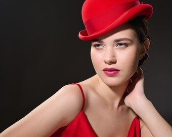 Red Bowler Hat / The COKE / Derby Hat / Formal Dress Accessories for women / DERBY Bowler Hat / Bowler felt hat / billycock hat