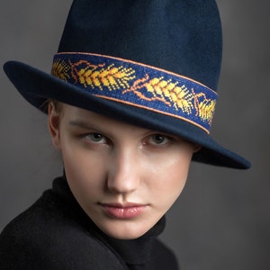 Navy blue asymmetric form of fedora. trilby hat dark blue stylish felt hat. womens hat Navy blue hat. Hat image 2