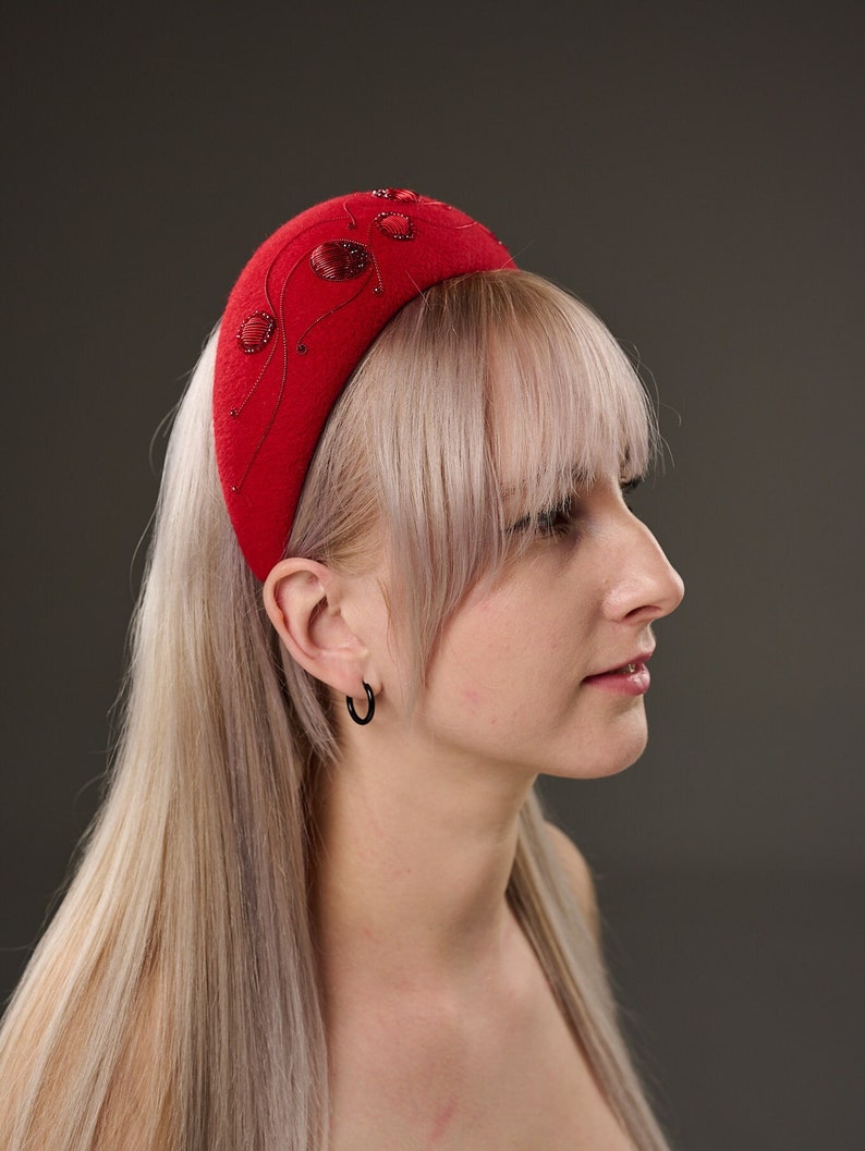 Trendy headband red image. Fashion casual headpiece halo crown. Cocktail Fascinator headwear hat. fashionable fascinator headband for women image 4