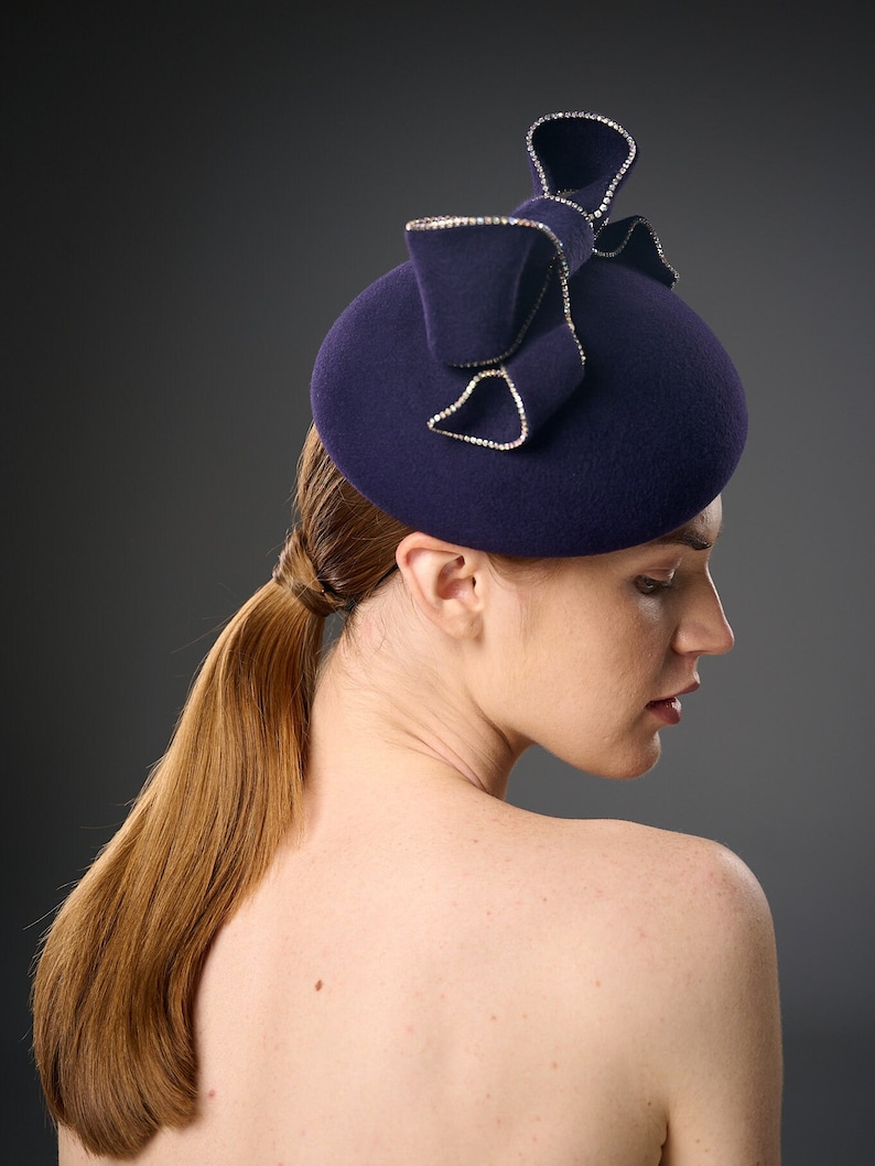 Pillbox purple Hat,special occasions Headpiece, Couture Headdress,Occasion Hat with bow and rhinestones.Fascinator Cocktail Hat Formed Petit image 3