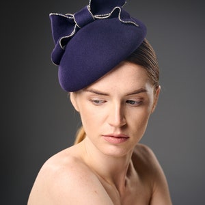 Pillbox purple Hat,special occasions Headpiece, Couture Headdress,Occasion Hat with bow and rhinestones.Fascinator Cocktail Hat Formed Petit image 5